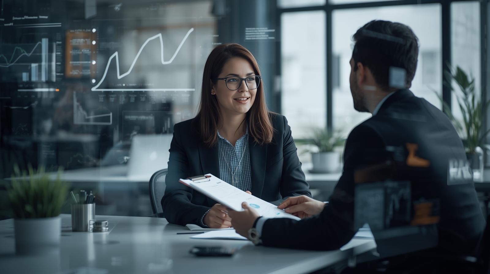 A woman in glasses and a suit smiles while handing a document to a man.